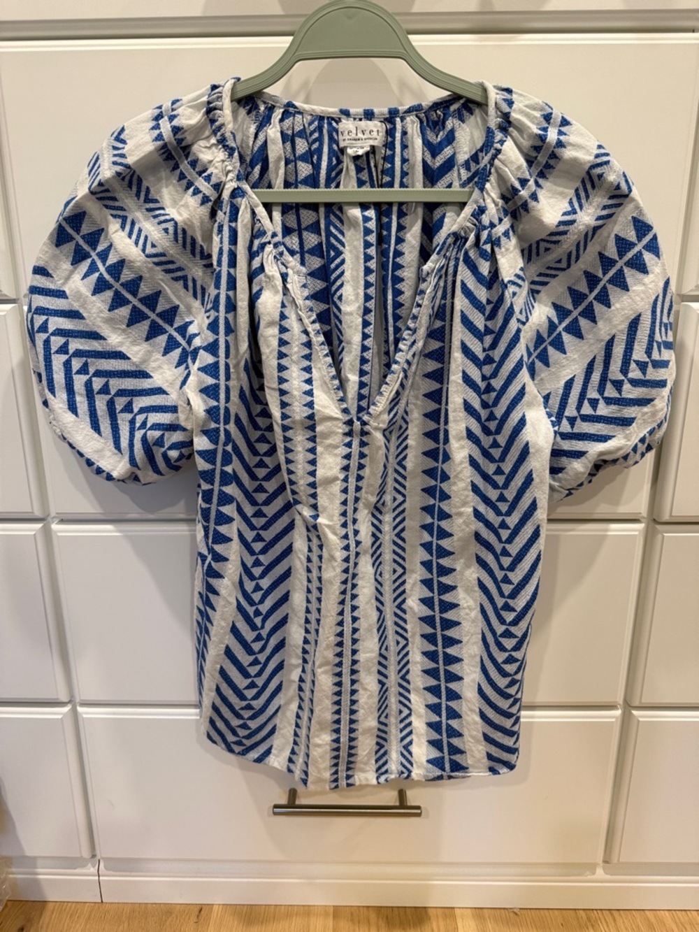 Velvet Blue and White Aztec Peasant Blouse